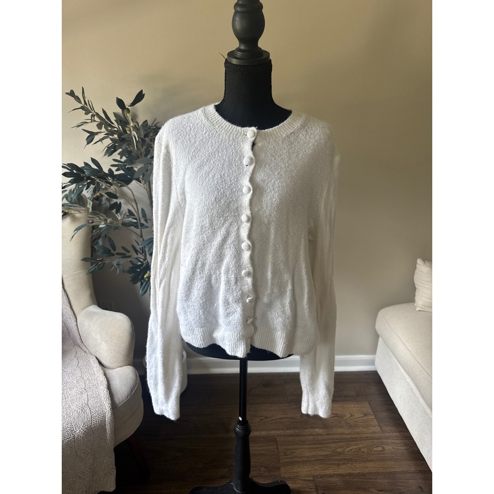 Madewell White Textured Button Front Cardigan Sweater XL Crew Neck Long Sleeve